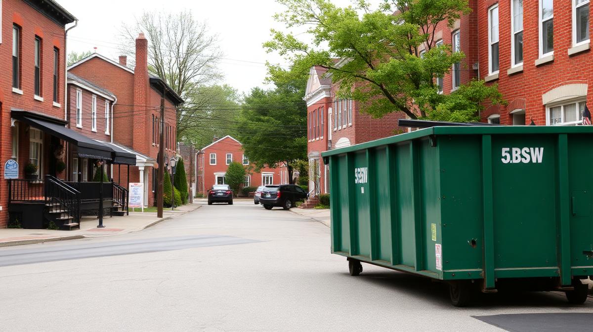 Roll-off dumpster on a street in historic Cambridge Maryland with brick buildings in the background
