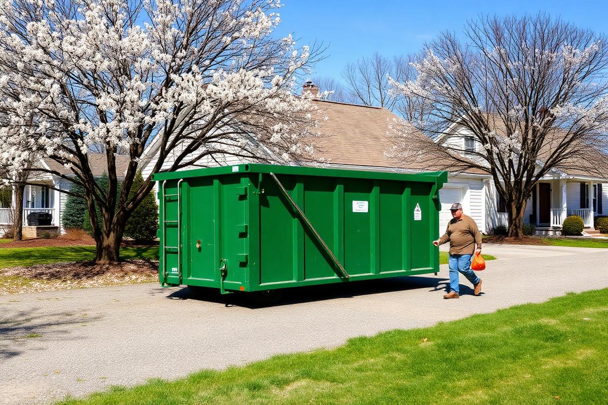 Roll-off dumpster in a Dorchester County driveway during spring cleanup with blooming trees